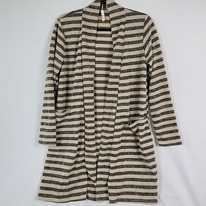 NEW Hesed Women's Striped Open Cardigan Boho Anthro Pockets Black Tan Sz S
